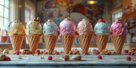 Naklejka premium Colorful assortment of ice cream cones displayed in a quaint shop with a lively background