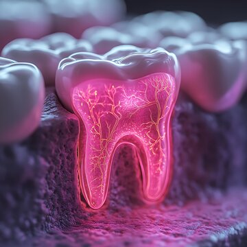 Anatomical dental structure illustration exhibiting inner nerve network and root system highlighting tooth health and structural design, digital art.