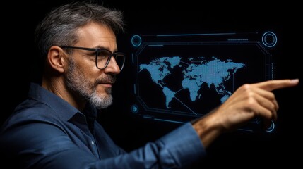 Business professional interacting with a digital world map interface in a modern office setting