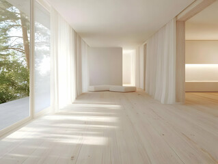 Obraz premium Photo Of Minimalist Interior Room With White Walls Wooden Floor And Sunlight