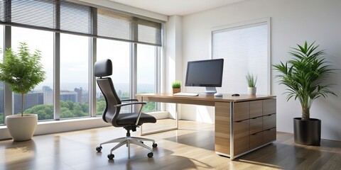 Drone View Office Interior 3D Render - Modern Desk, Chair, Computer, Window View