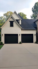 Photo of Modern Two-Car Garage Exterior With Black Doors and White Brick Facade
