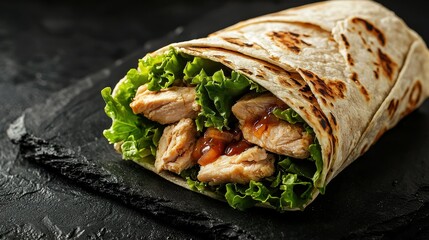 Tortilla wrap with chicken, lettuce and sauce on black background.