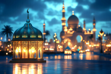 Photo of Illuminated Golden Lantern with Mosque Background at Night