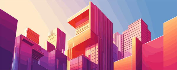 Futuristic sunset over vibrant geometric cityscape, minimalist urban skyline vector