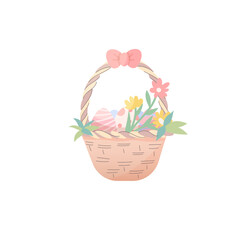 Easter Basket with Eggs and Spring Flowers, Pastel Clipart, Vector illustration