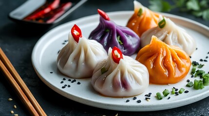 Colorful Steamed Dumplings (Momos) on a White Plate / 白い皿に盛られたカラフルな蒸し餃子