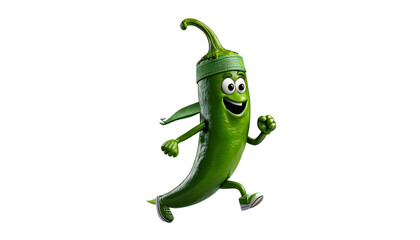 Obraz premium Cartoon green chilli with sweatband around its forehead running a marathon in the white transparent background, PNG Format.