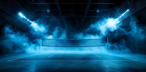Volleyball Court in the Blue Atmosphere: A dramatic shot of an empty volleyball court bathed in blue light and atmospheric fog, spotlighting the net and court markings.