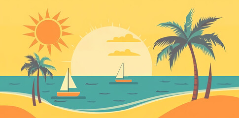 Tropical Paradise: An illustration of a serene tropical scene, featuring a sun setting over the sea, framed by palm trees and sailboats, conveying a sense of calm and relaxation.