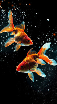 Two vibrant goldfish gracefully swim amidst sparkling bubbles in a dark aquatic setting showcasing their radiant orange and white fins against