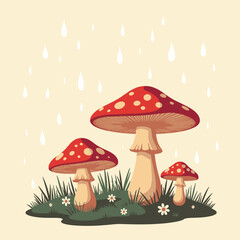 Red mushrooms growing in grass with rain droplets  