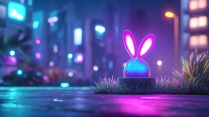 Neon cartoon bunny dancing with glowing Easter eggs against cyberpunk cityscape in purple and cyan gradients, retro-futuristic style
