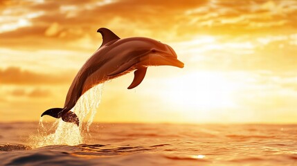 Leaping dolphin emerges from the ocean at sunset with a bright, golden sky background. © Raul