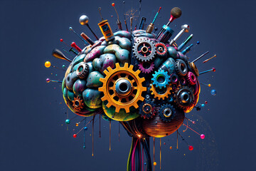 A brain made of gears and colorful components with tools and objects sticking out, set against a dark blue background.