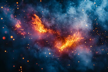 Burning flames amidst the dark smoke and scattered glowing particles