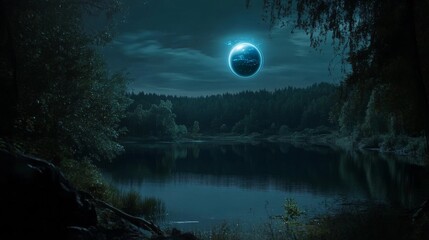 A hyper-realistic view of a lake at night, at the far end in the distance is a blue orb the size of a helicopter hovering over the water