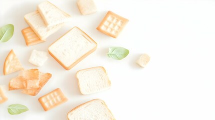 Photo of White Background with Bread Slices and Crackers with Green Leaves
