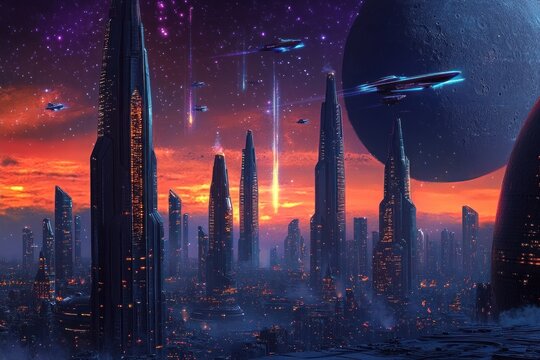 an alien city on a distant moon, capturing a skyline highlighted by tapered towers, neon underglow, and starships zipping past