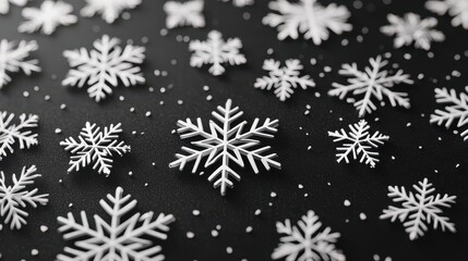 White snowflakes on the black Christmas background. 3D render image.