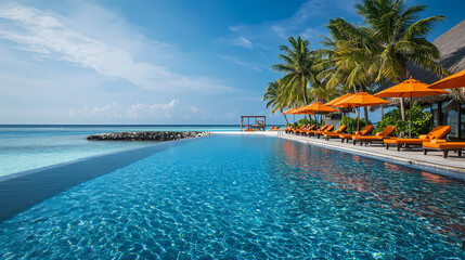Fototapeta premium Paradise Unveiled: Azure pool meets the vast expanse of the ocean, complemented by swaying palm trees and inviting lounge chairs.