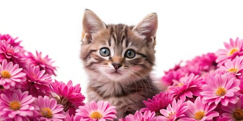 Cute Kitten Pink Flowers Pet Photography Spring Adorable Cat Floral Background