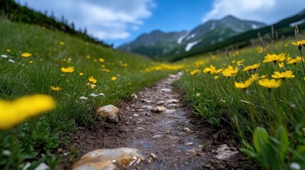 Obraz premium Mountain path through wildflowers