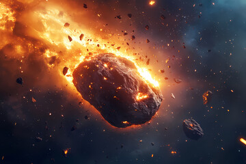 Cosmic Collision: A blazing asteroid hurtles through the vast expanse of space, engulfed in fiery flames and debris.