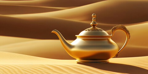 Realistic Photo Of A Golden Teapot On Sand Dunes Background