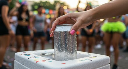 A close-up shot of a feminine hand reaching down to grab an ice-cold beer can from the top, lifting it from a foam cooler on the ground. The can is covered in condensation, with water droplets running