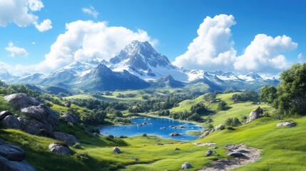 Obraz premium Picturesque alpine valley with a serene lake nestled beneath snow-capped mountains. Lush green meadows and rocky outcrops frame the tranquil scene. A bright, sunny day with fluffy white clouds