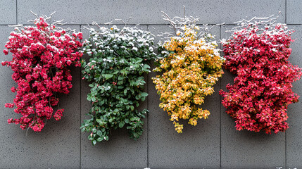Colorful Flowers on a Wall in Winter. Seasonal Contrast of Colors and Beauty of Nature