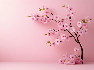 Fototapeta premium Realistic Cherry Blossom Tree Against Pink Background Illustration