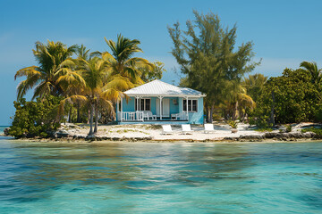 Fototapeta premium Idyllic Island Cottage: A charming cottage nestled amidst lush palm trees on a tropical island, basking in the sun with crystal-clear turquoise waters and a serene atmosphere
