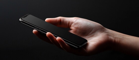 Sleek smartphone held in a delicate hand against dark backdrop, technology showcase