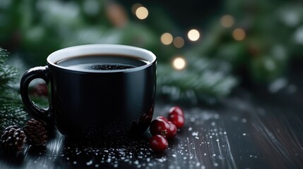 Obraz premium Dark coffee in a mug, festive holiday setting