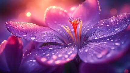 Captivating Macro Photography: A Vibrant Purple Flower Adorned with Sparkling Water Droplets, Showcasing Nature's Delicate Beauty.