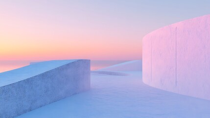 A minimalist landscape featuring architectural structures against colorful sunset