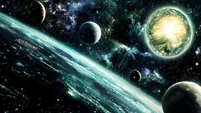 Vibrant display of planets and stars illuminating the night sky with celestial energy fields and cosmic wonders beyond our imagination.