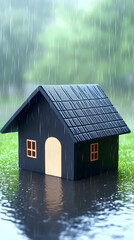 Wooden Black House In Rainy Weather Against Green Background Photo