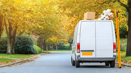 Obraz premium White Delivery Van Driving On A Road Through Fall Foliage Scene
