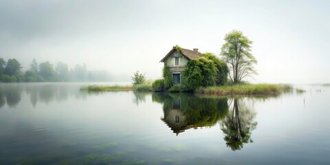 Fototapeta premium Foggy Swamp House - Abandoned Victorian Mansion in Overgrown Waters - Vintage Photo