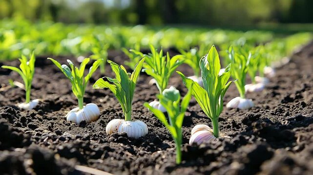 Garlic plants thriving in a vibrant garden with lush greenery in a bright sunny day during springtime