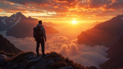 A person stands atop a mountain