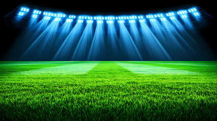 Spotlit Arena: Capturing the vibrant energy of a sports stadium, with bright floodlights illuminating the lush green field. The image evokes the excitement and anticipation of a live sporting event. 