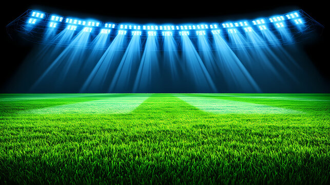 Spotlit Arena: Capturing the vibrant energy of a sports stadium, with bright floodlights illuminating the lush green field. The image evokes the excitement and anticipation of a live sporting event. 