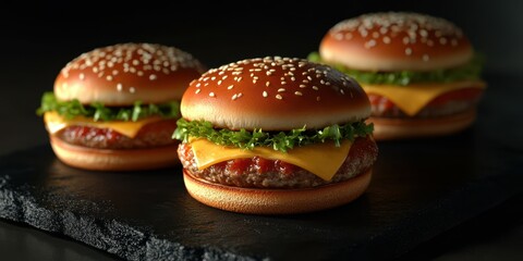 DeliciousLooking cheeseburgers with lettuce and cheese on toasted sesame seed buns served on a black slate plate