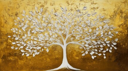 Elegant White Tree with Textured Leaves on Golden Background for Artistic Decor and Symbolism