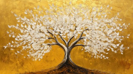 White Tree with Golden Background, Symbolizing Growth, Change, and Serenity in Nature's Beauty