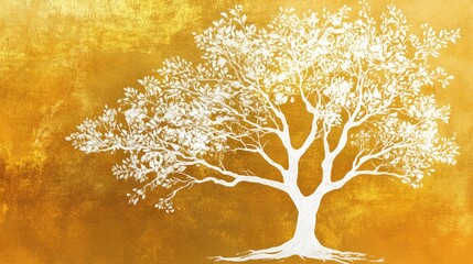 White Tree Against Golden Background with Detailed Branches and Leaves in Artistic Style